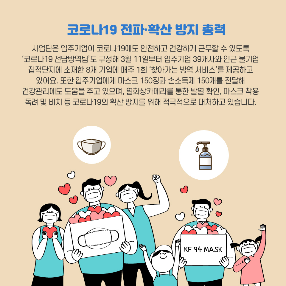 코로나19 전파·확산 방지 총력-사업단은 입주기업이 코로나19에도 안전하고 건강하게 근무할 수 있도록 
'코로나19 전담방역팀'도 구성해 3월 11일부터 입주기업 39개사와 인근 물기업 집적단지에 소재한 8개 기업에 매주 1회 '찾아가는 방역 서비스'를 제공하고 있어요. 또한 입주기업에게 마스크 150장과 손소독제 150개를 전달해 건강관리에도 도움을 주고 있으며, 열화상카메라를 통한 발열 확인, 마스크 착용 독려 및 비치 등 코로나19의 확산 방지를 위해 적극적으로 대처하고 있습니다.